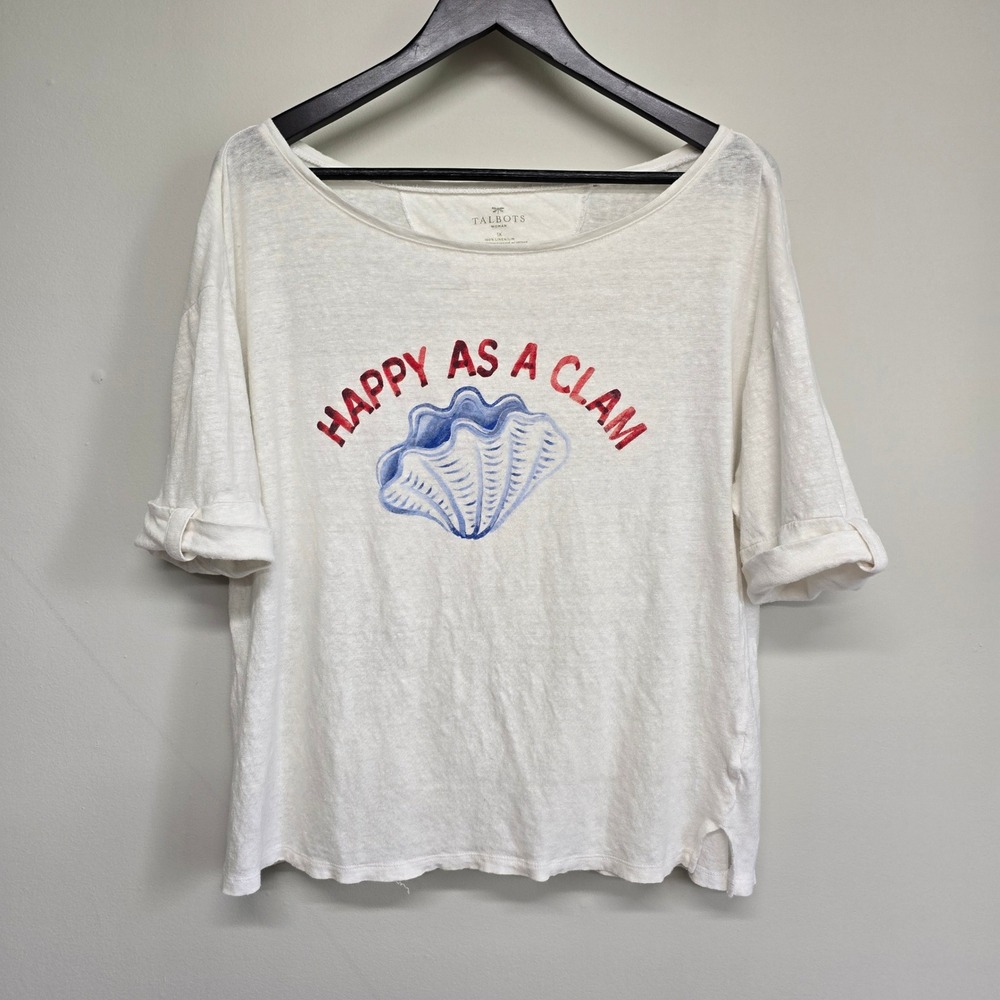 Talbots Happy As A Clam Top Womens 1X White Linen Graphic Tee Coastal Nautical